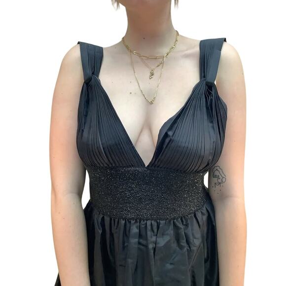 Trelise Cooper 10 Black Deep V Silk Bubble Hem Beaded Waist Wide Strap Dress - Picture 4 of 10